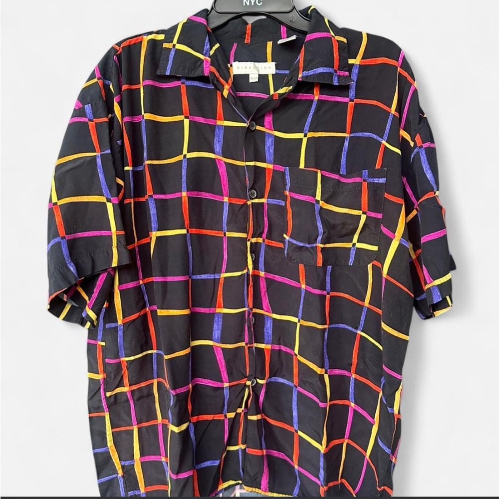Men's Black Short-Sleeve Grid Print Shirt - Multicolor